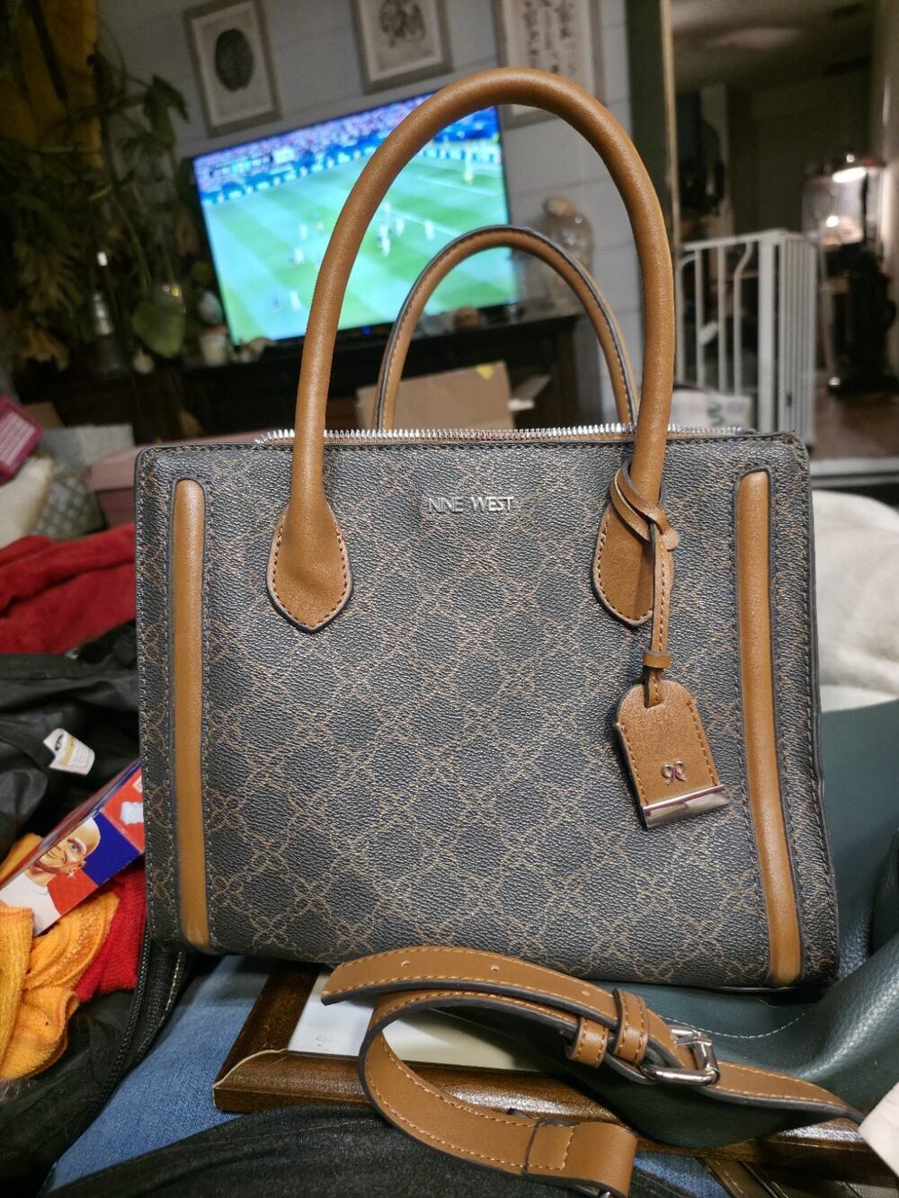 Nine West Logo Purse Hand Bag Crossbody Brown Caramel